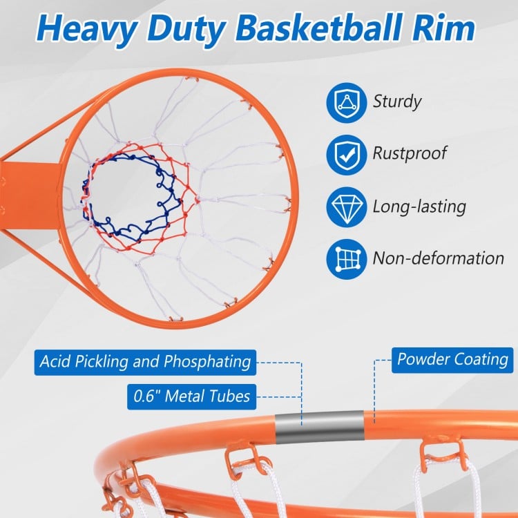 15-inch heavy-duty basketball rim with powder-coated metal tubes and all-weather net for indoor or outdoor play.