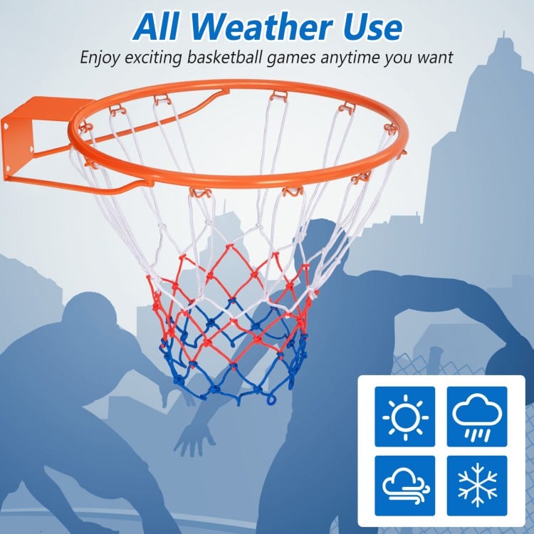 15-inch basketball rim with all-weather net and mounting hardware, perfect for indoor and outdoor play.