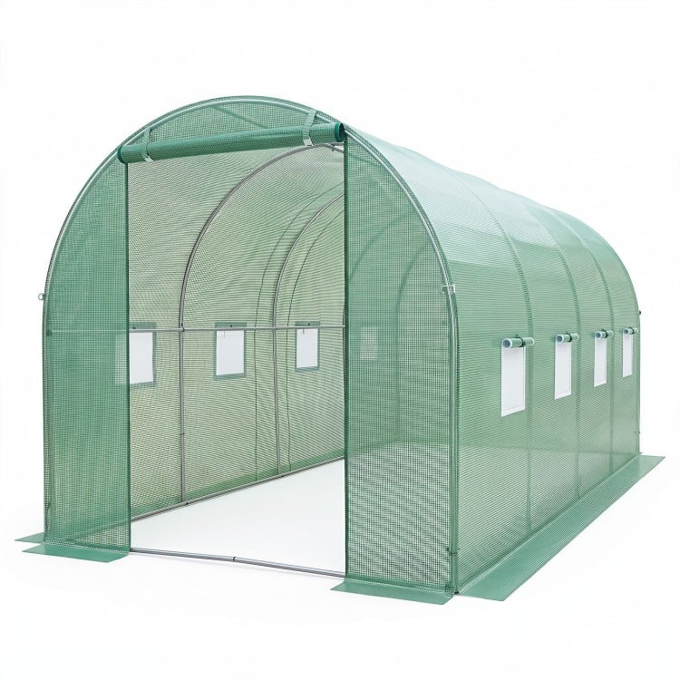 Walk-in tunnel greenhouse measuring 15 x 7 x 7 ft, featuring a reinforced PE cover and heavy-duty galvanized steel frame.