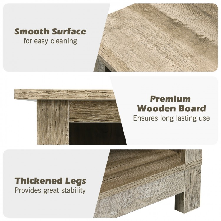 2-tier gray TV stand with premium wooden board, 6 open shelves, and thickened legs for stability in any living space.