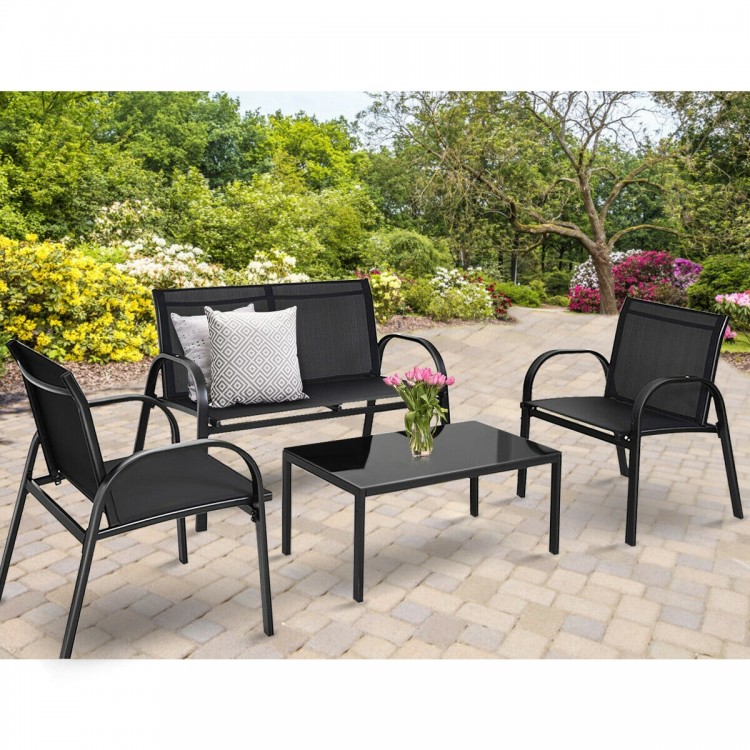 Side view of the black single sofa from the 4-piece patio furniture set, offering stylish comfort for outdoor settings.