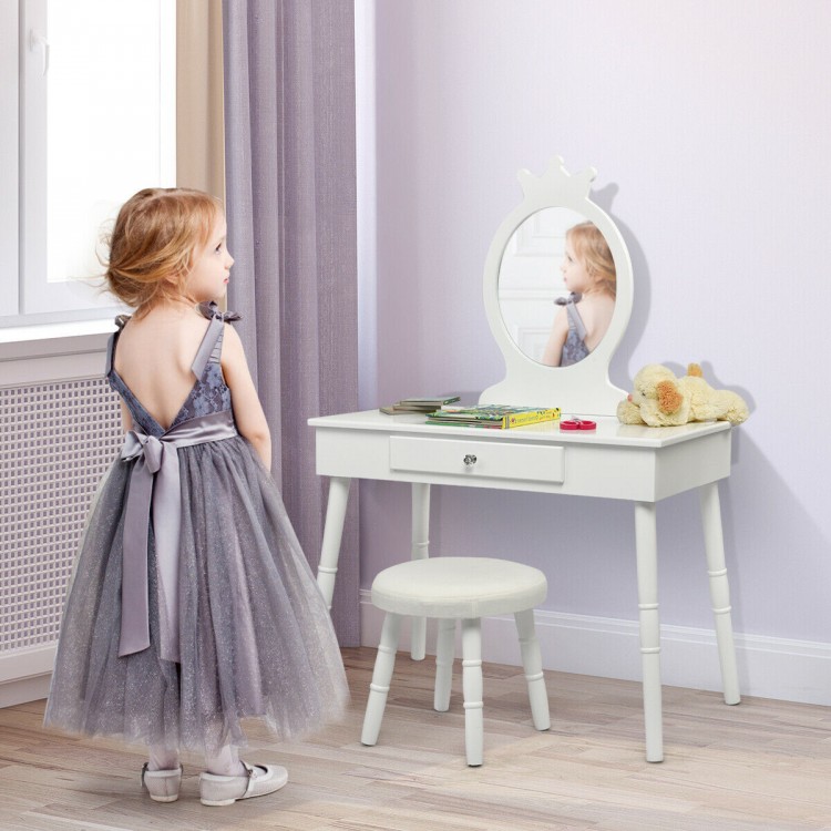 White vanity makeup table and chair set with a mirror, featuring a soft cushion stool, perfect for little girls' rooms.