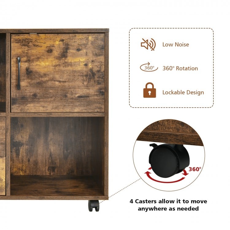 Mobile file cabinet in brown with open compartments and smooth-rolling casters for easy movement in any room.