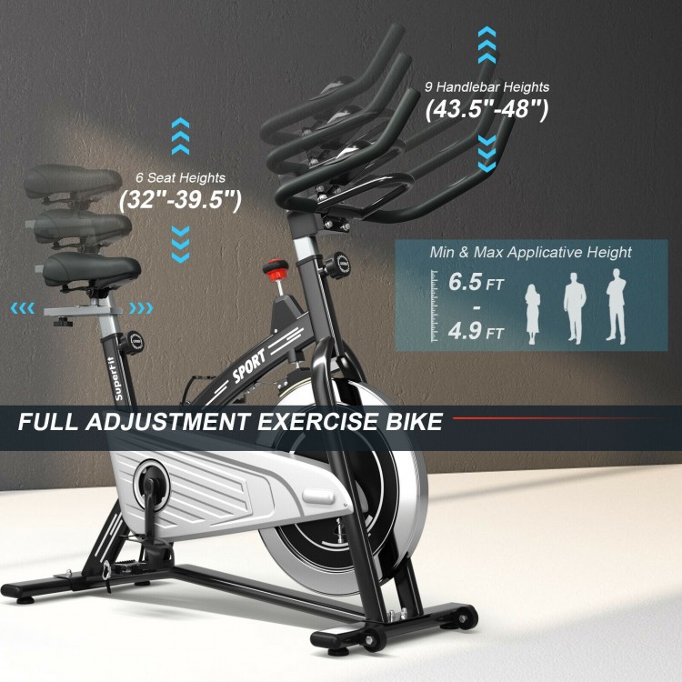 Adjustable exercise bike with 30 lbs flywheel, LCD monitor, and 9 handlebar heights for home or gym use.