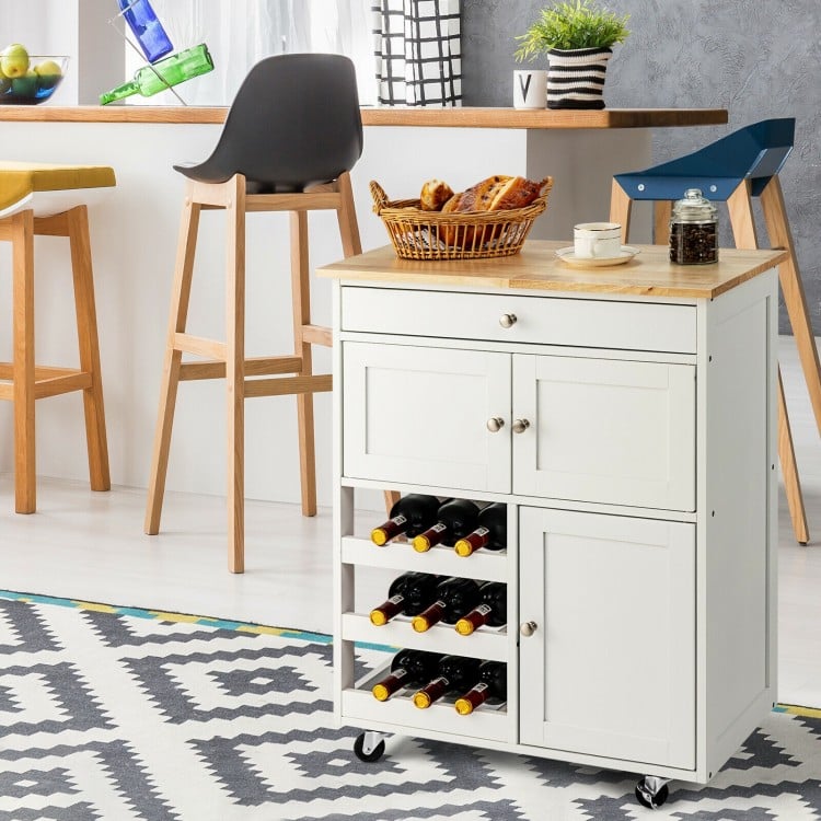 Kitchen cart with rubber wood top, featuring 3-tier wine racks and 2 cabinets, ideal for organized kitchen storage.