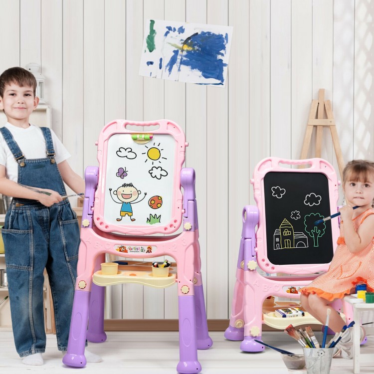 Kids using a height adjustable pink art easel with magnetic whiteboard and chalkboard for creative drawing fun.