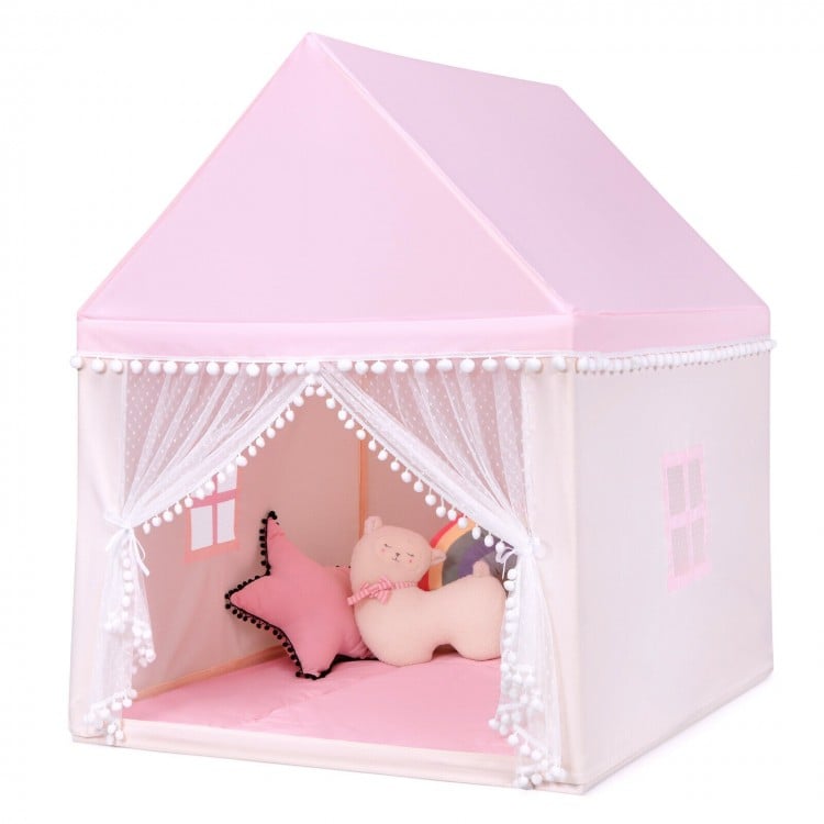 Large pink kids play tent with solid wood frame, soft mat, and decorative windows for indoor and outdoor fun.