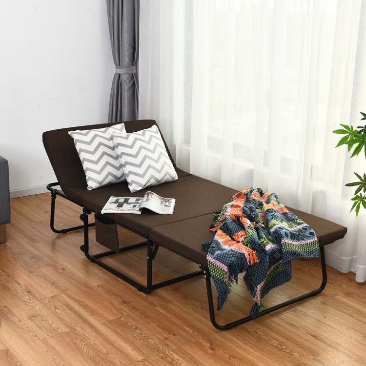 Folding guest sleeper bed in brown with adjustable backrest, extra pillow, and side pocket for convenience and comfort.