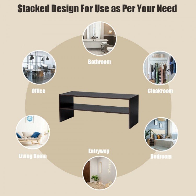 Stackable 31-inch shoe rack in brown, versatile for closet organization and display in various home settings.