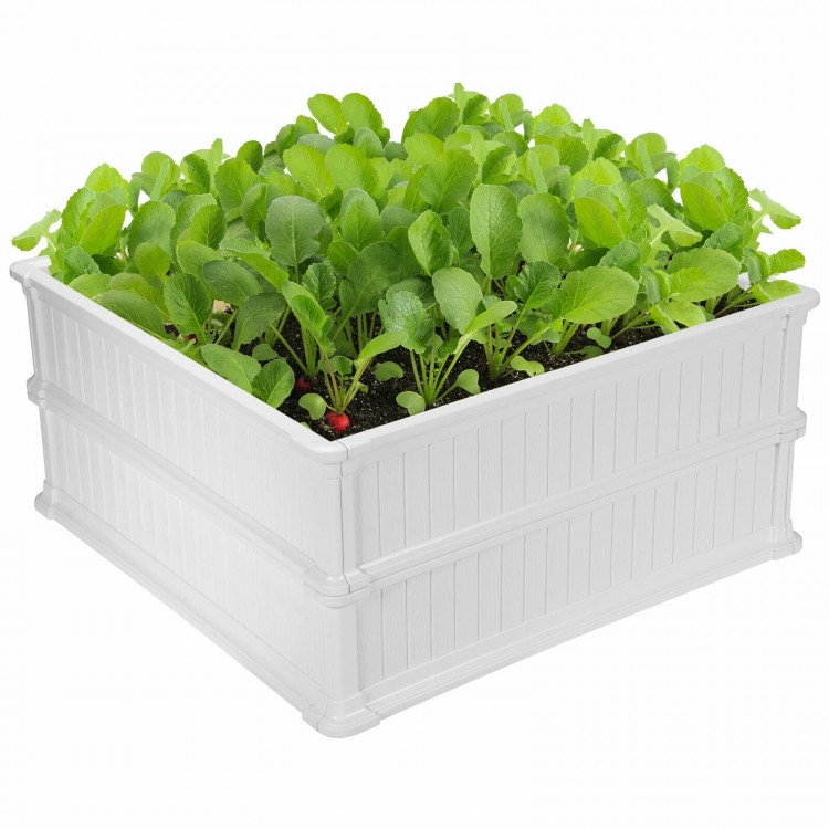 Large 48-inch white raised garden bed planter made of HDPE, ideal for growing vegetables and flowers in outdoor spaces.