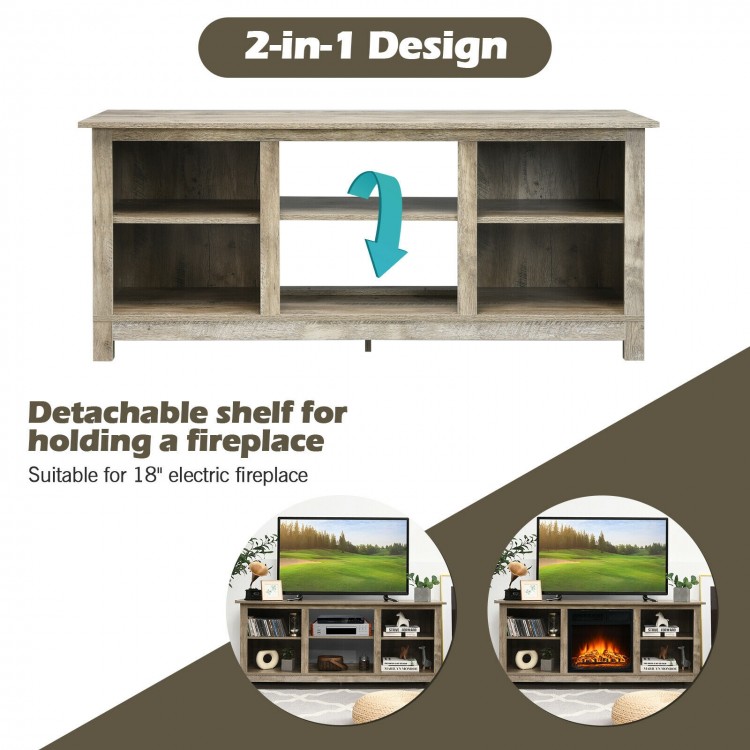 58" gray TV stand with 6 open shelves, removable central shelf for 18" electric fireplace, ideal for living room use.