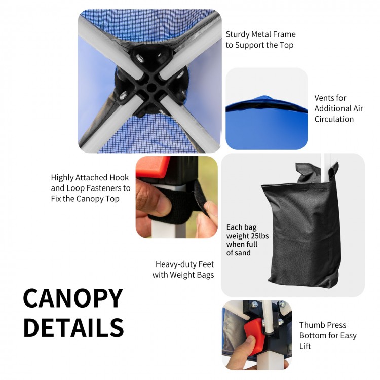 Detail of the sturdy metal frame and weight bags for the 6.6 x 6.6 FT pop-up height adjustable canopy tent.