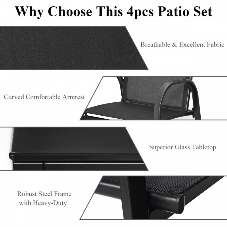 Curved armrest detail of the 4-piece black patio furniture set with a glass top table, perfect for outdoor living.