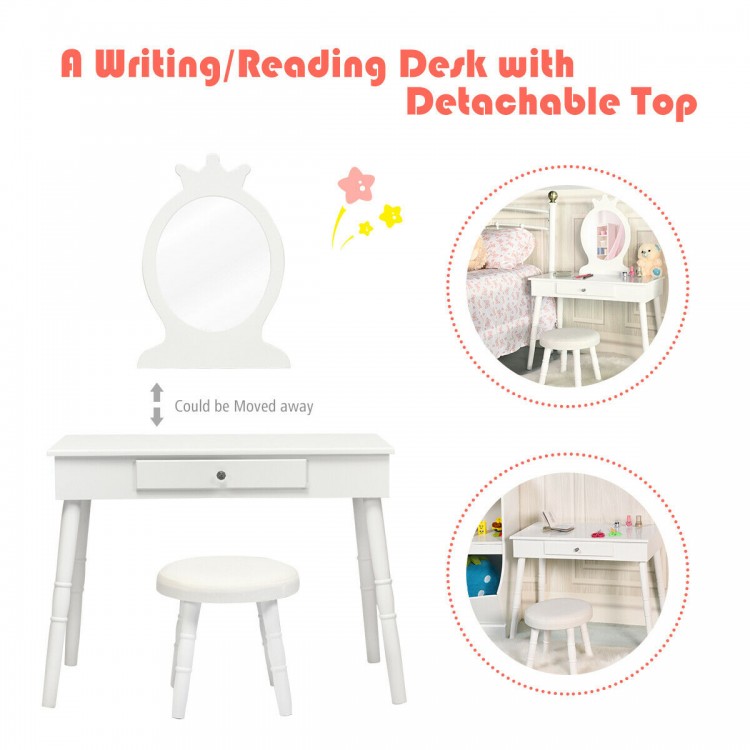 White vanity makeup table and chair set with detachable mirror, featuring a drawer and soft cushion for comfort.