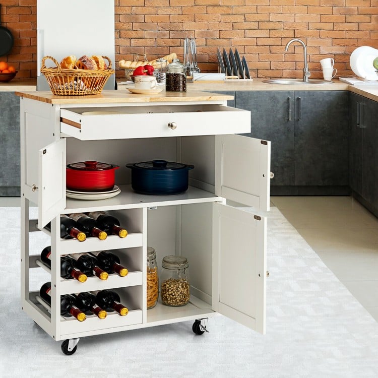Kitchen cart with rubber wood top, featuring 3-tier wine racks, 2 cabinets, and a drawer for versatile storage.