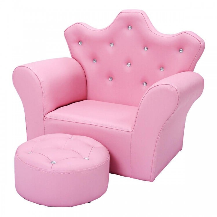 Pink children's upholstered princess sofa with diamond accents and round ottoman, ideal for comfort in any playroom.