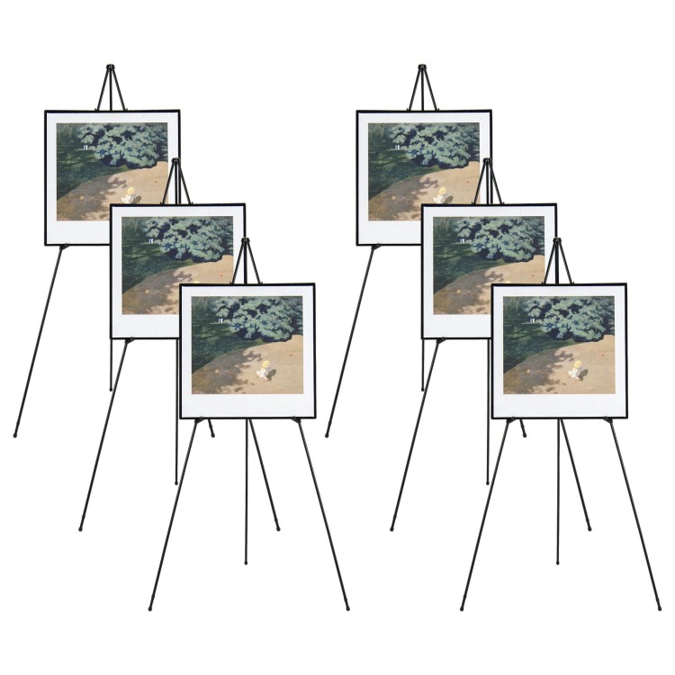 Set of six black metal easel stands with adjustable height for secure presentations at events and exhibits.