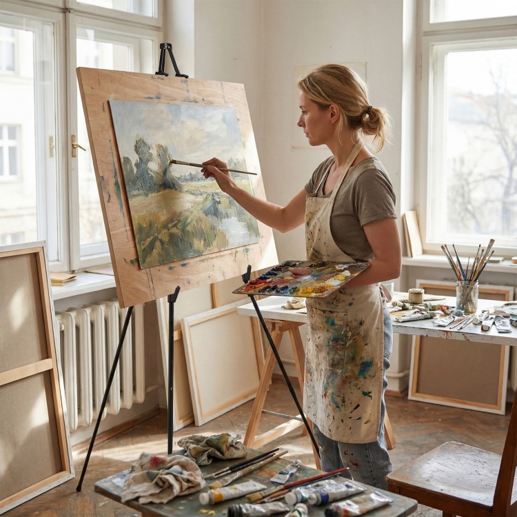 Metal easel stand set in use, showcasing a painting, ideal for art exhibits and presentations with sturdy support.