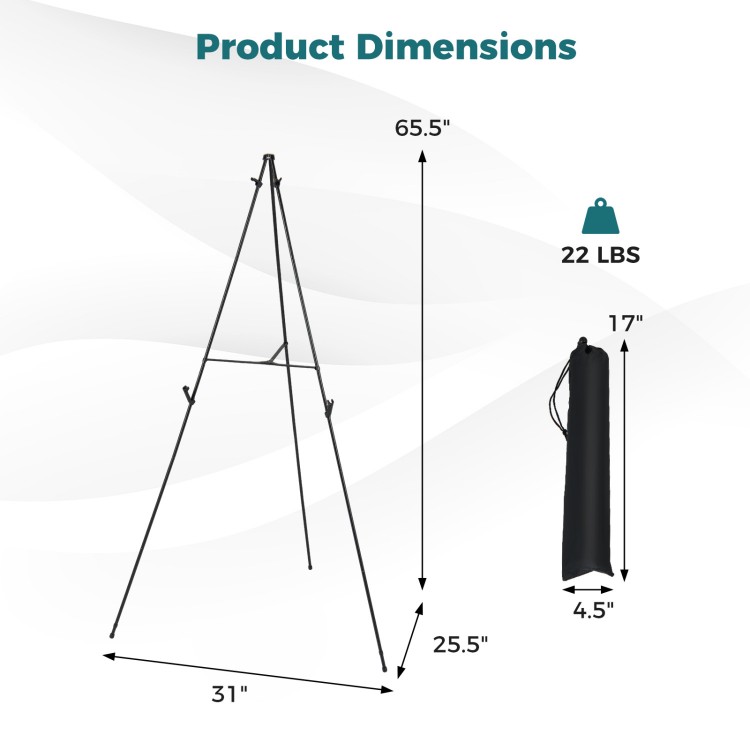Metal easel stand dimensions with a triangle structure, designed for stability and easy transport, ideal for events.