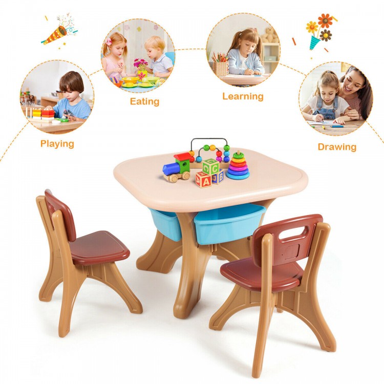 Kids activity table and chair set in brown and beige, perfect for learning, eating, and creative play with storage.