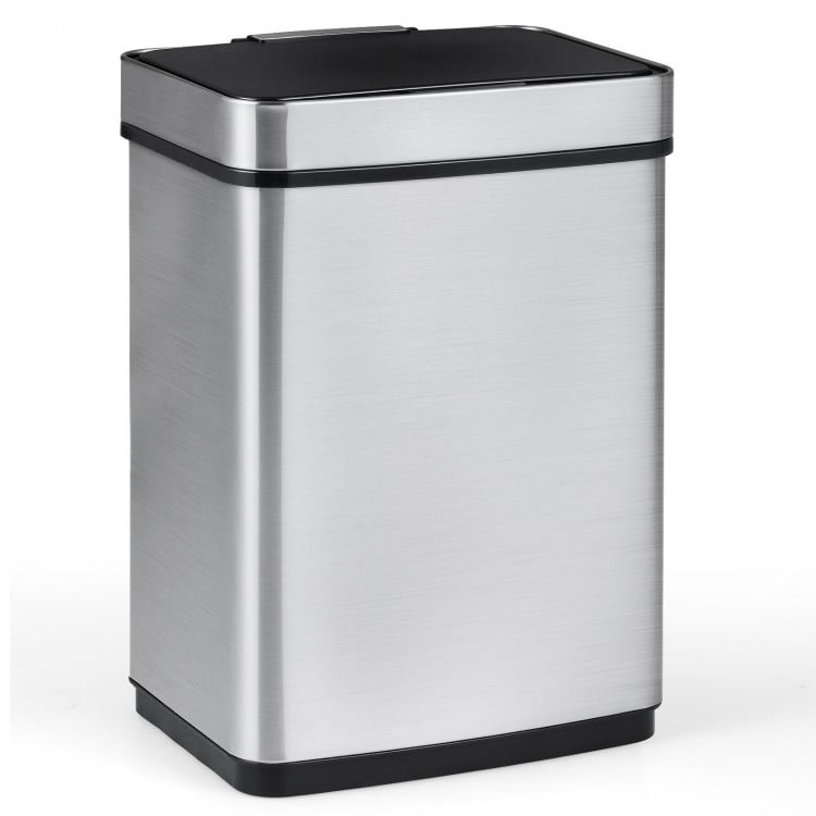Stainless steel 16-gallon trash can with infrared motion sensor and dual compartments for efficient waste sorting.