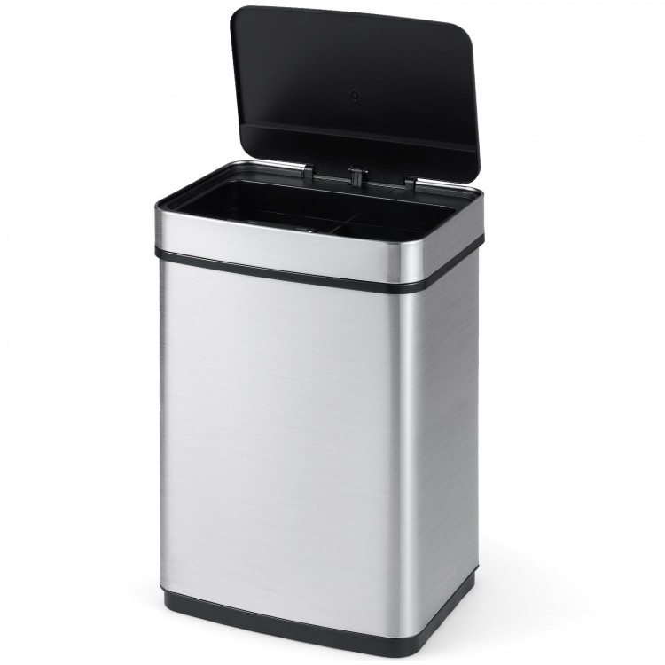 16-gallon silver trash can with infrared motion sensor and dual compartments for efficient waste sorting in any space.