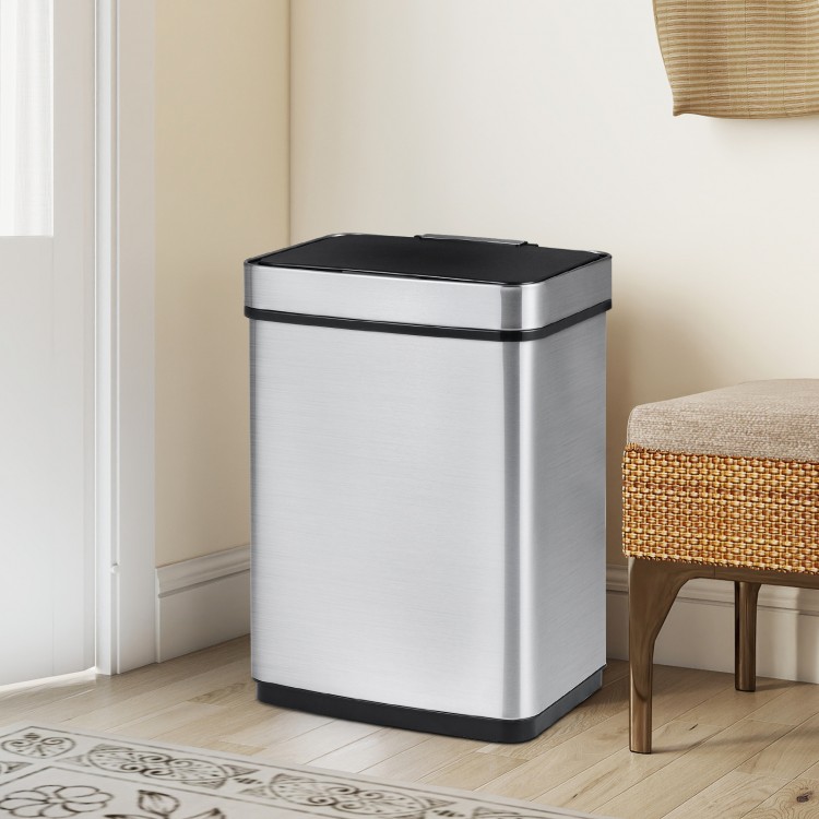Side view of a 16-gallon silver trash can with dual compartments and touchless infrared sensor for modern waste.