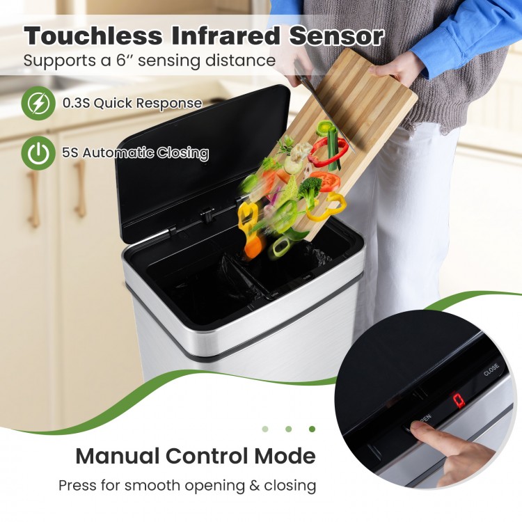 16-gallon silver trash can with touchless infrared sensor, dual compartments, and manual control for easy waste sorting.