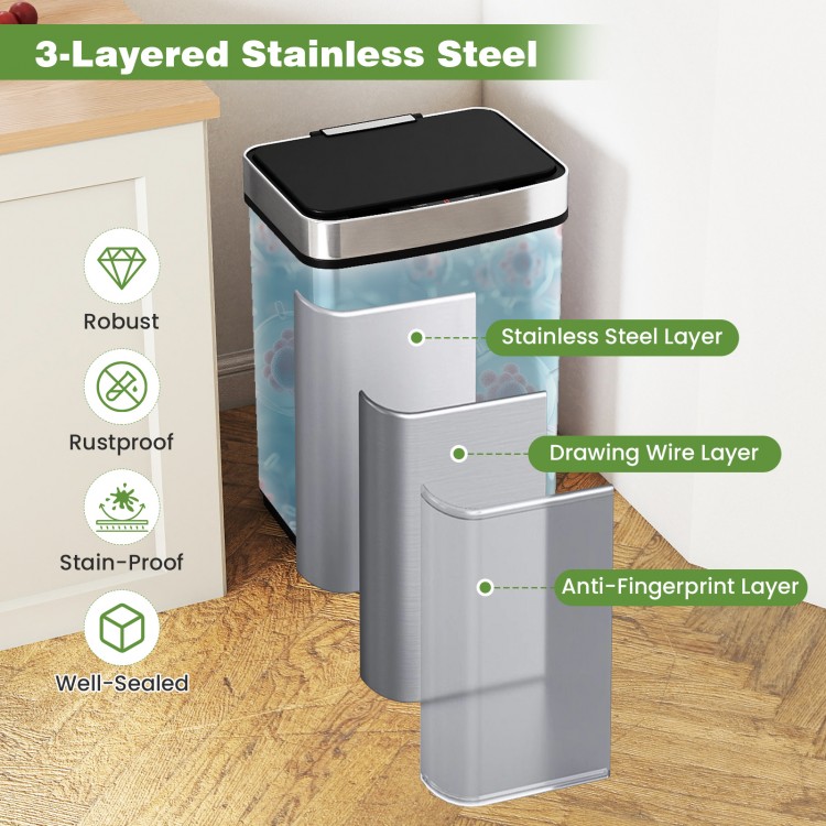 16-gallon silver trash can with infrared motion sensor, dual compartments, and three-layer stainless steel design.