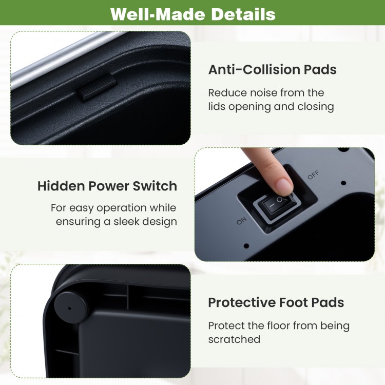 Close-up of the hidden power switch on a 16-gallon silver infrared motion sensor trash can for easy operation.