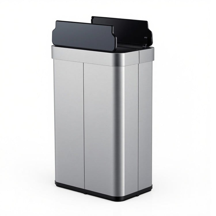 16-gallon silver trash can with wing lids, designed for low countertops, featuring touchless infrared sensor and soft.