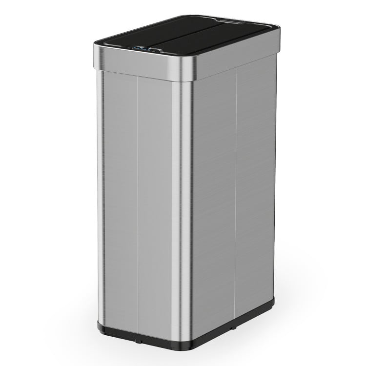 16-gallon silver trash can with wing lids, touchless sensor, and anti-fingerprint finish for kitchen or bathroom use.