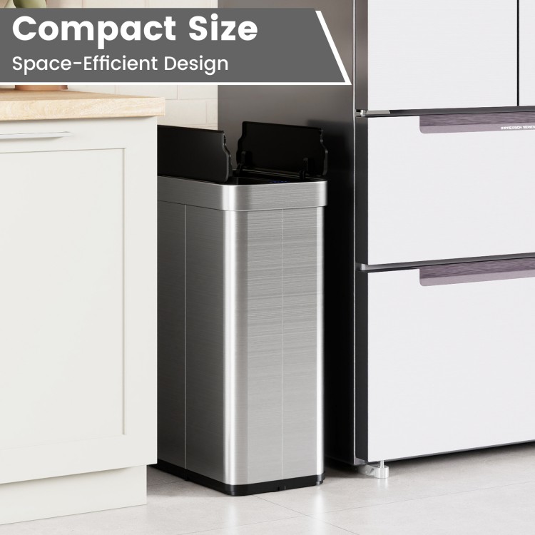 Compact 16-gallon silver trash can with wing lids, designed for space efficiency in kitchens and bathrooms.