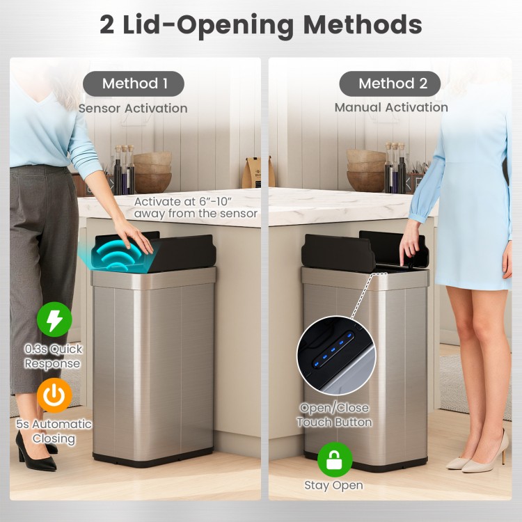 16-gallon silver trash can with wing lids, featuring touchless sensor and manual opening for efficient waste disposal.