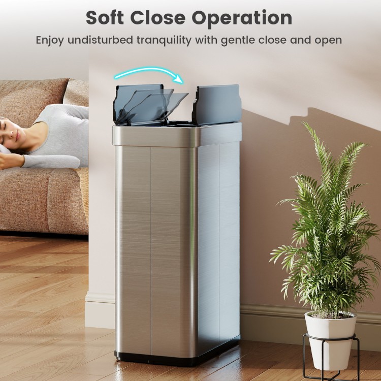 16-gallon silver trash can with wing lids, featuring soft close operation and designed for low countertops.