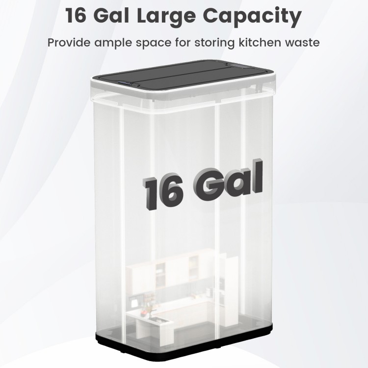 16-gallon silver trash can with wing lids, designed for kitchens and bathrooms, featuring touchless infrared sensor.