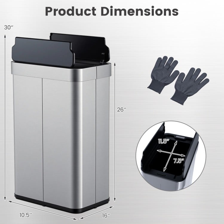 16-gallon silver trash can with wing lids, dimensions 30"x16"x10.5", designed for kitchens and bathrooms.