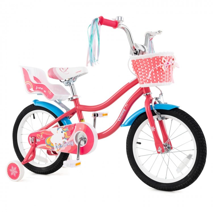 16-inch girls bike in pink with doll seat, training wheels, and adjustable features for kids aged 4-7.