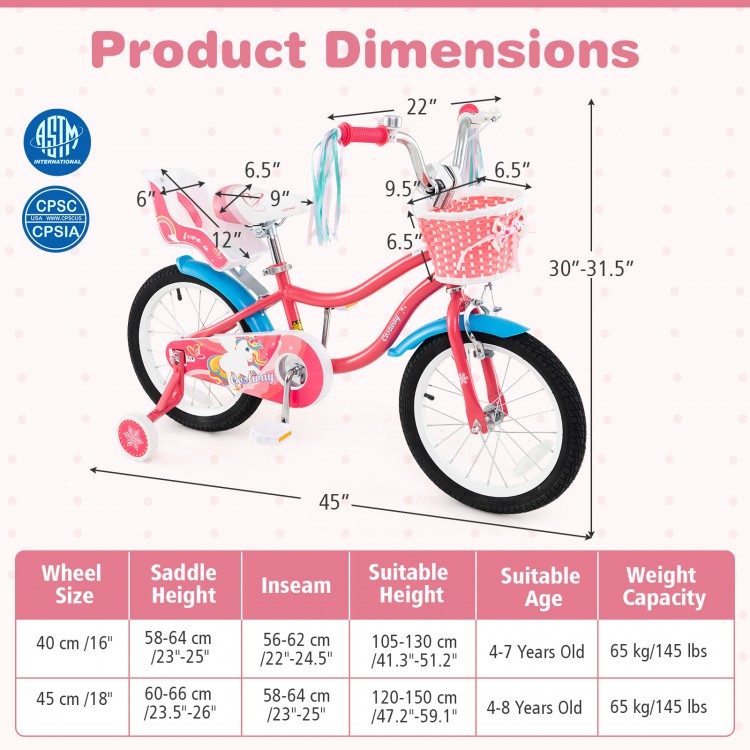 16-inch girls bike with doll seat, training wheels, adjustable handlebars, and a pink design for kids aged 4-7 years.