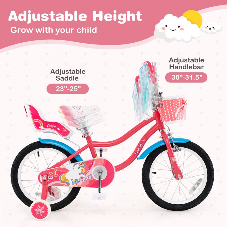 16-inch girls bike with adjustable saddle and handlebar, doll seat, training wheels, perfect for kids aged 4-7.