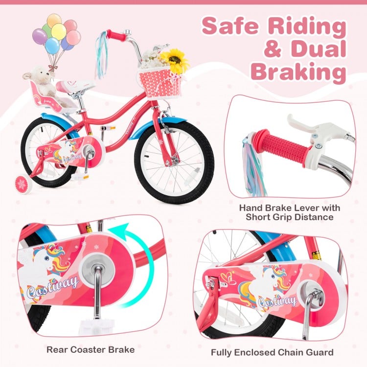 16-inch girls bike with doll seat, training wheels, and adjustable handlebars for safe riding and fun adventures.