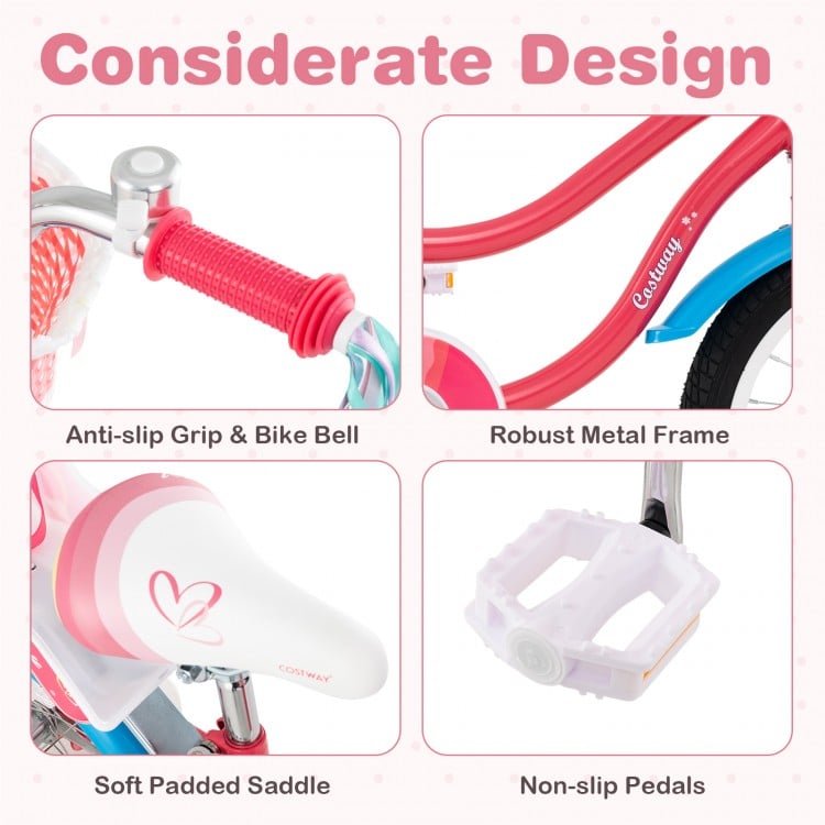 Close-up of the 16-inch girls bike's soft padded saddle, anti-slip pedals, and robust metal frame for safe riding.