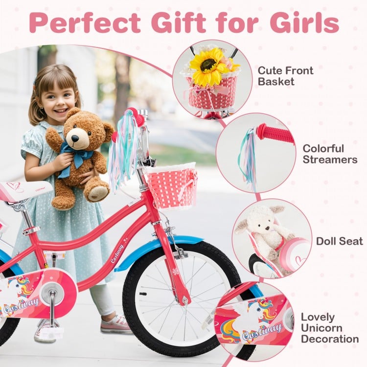 16-inch girls bike with doll seat, front basket, and colorful streamers, perfect for kids aged 4-7 years.