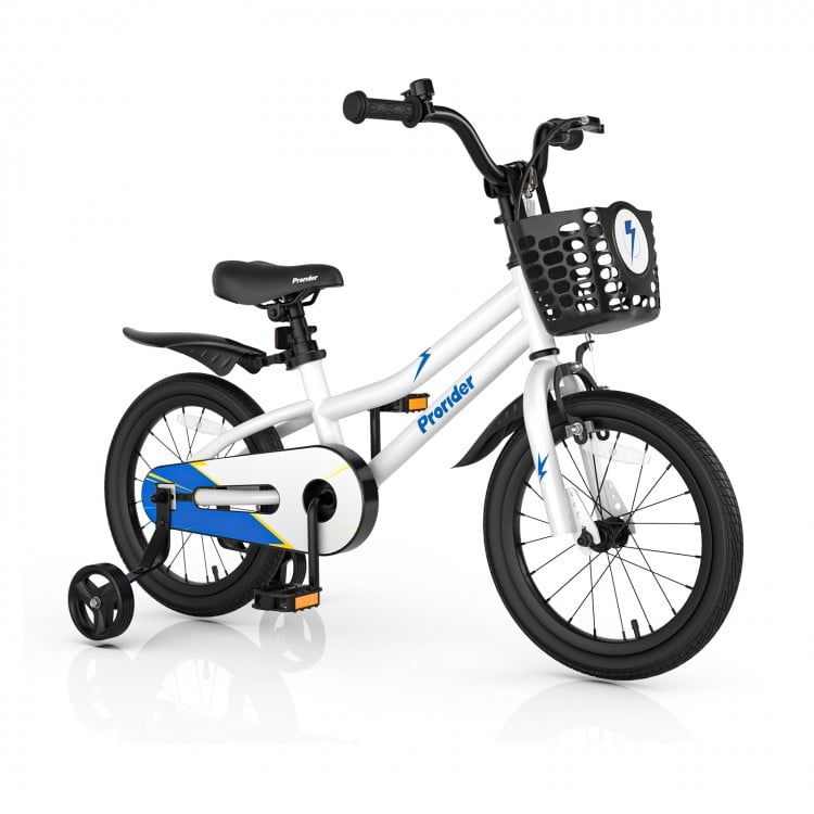 16-inch kids bike in white with removable training wheels, adjustable seat, and hand brake for safe riding.