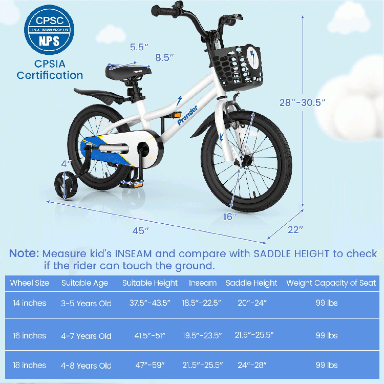 16-inch kids bike in white with removable training wheels, height-adjustable seat, and hand brake for safety and.
