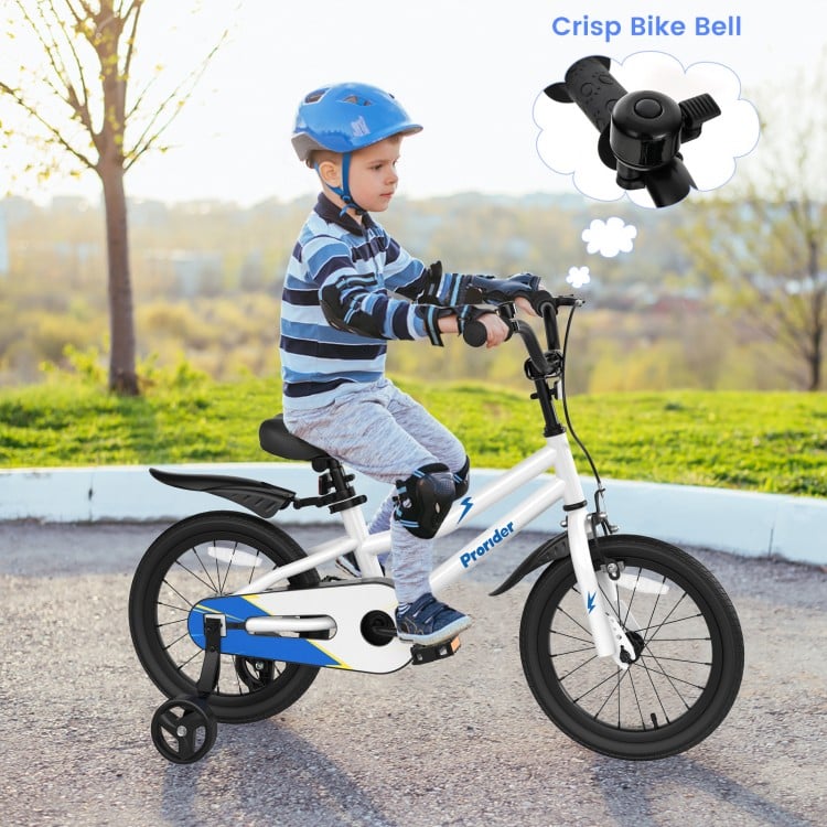 16-inch kids bike in white with a soft padded seat, designed for comfort and stability during rides with training.