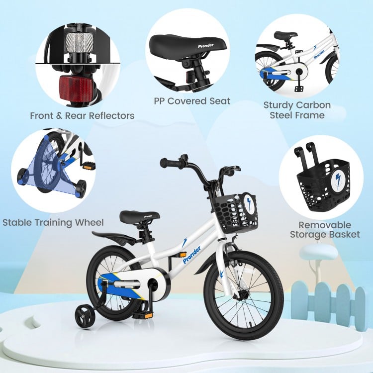 16-inch kids bike in white with removable training wheels, storage basket, and adjustable seat for growing children.