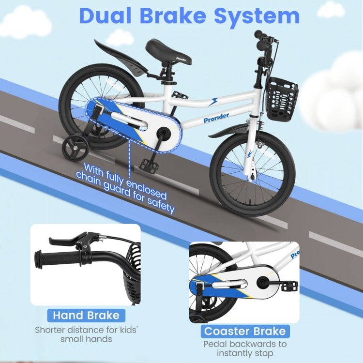 16-inch kids bike in white with removable training wheels, featuring dual brakes and a fully enclosed chain guard for.