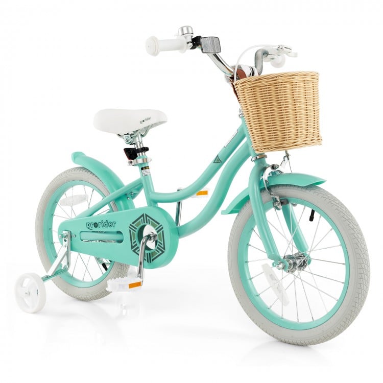16-inch kids bike in green with training wheels, adjustable seat, and front basket for carrying toys and snacks.