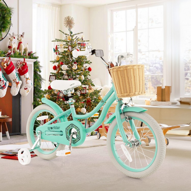 16-inch kids bike in green with training wheels, adjustable seat, and front basket for fun and creativity indoors.
